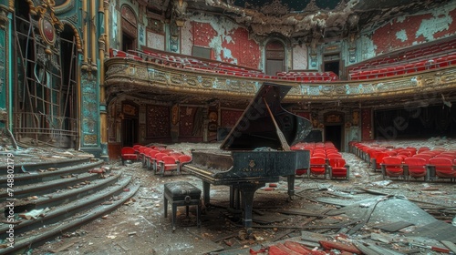 Grand piano in a lavishly deserted theater hinting. Generative Ai