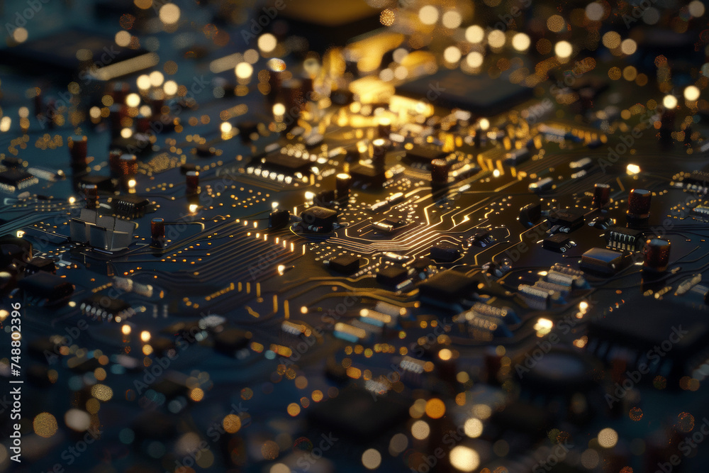 A detailed close-up of a bustling circuit board with illuminated pathways, depicting technological complexity. A detailed close-up of a bustling circuit board with illuminated pathways, depicting technological complexity.