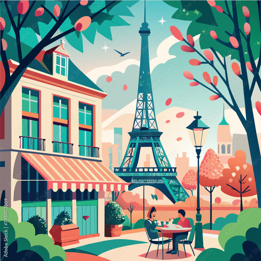 A man and a woman are sitting at a table in front of the Eiffel Tower. The scene is set in a city with a cafe and a park nearby. The atmosphere is relaxed and romantic