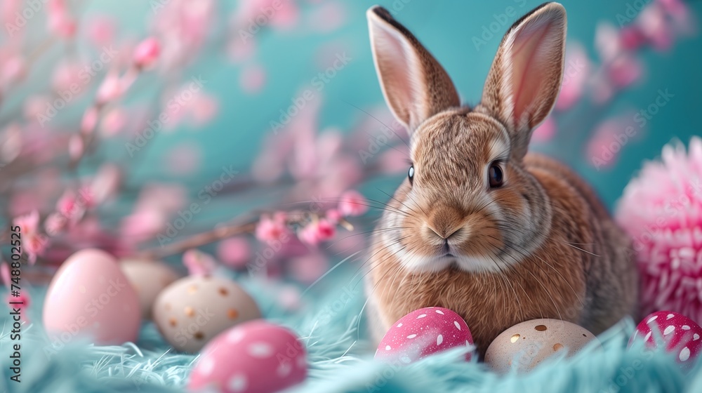 Easter bunny with Easter eggs and willow on pastel simple background Easter bunny with Easter eggs and willow on pastel simple background