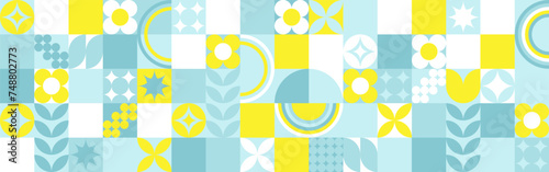 Seamless geometric summer background from flowers ornament, bright textiles and wallpaper. Daisies and bells in yellow and blue sunny shades for packaging goods and gifts.