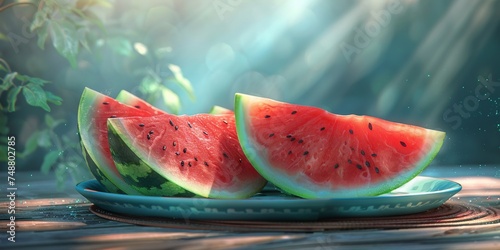 Vibrant and fresh watermelon slices artfully arranged with glistening droplets on dark surface
