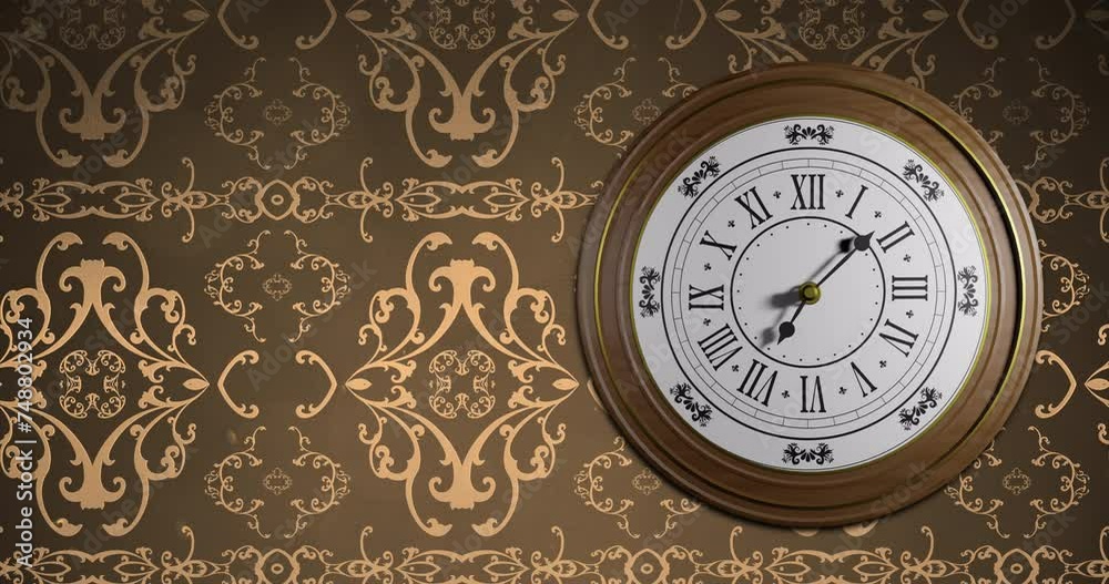 Animation of retro clock ticking showing midnight with gold patter on brown background