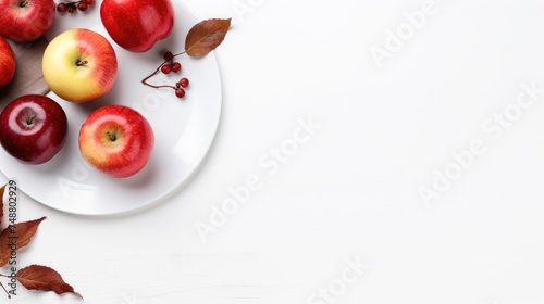 Apples on a white plate on a white background