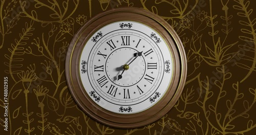 Animation of retro clock ticking showing midnight with gold patter on brown background