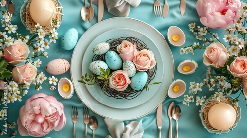 Top view of easter table decoration