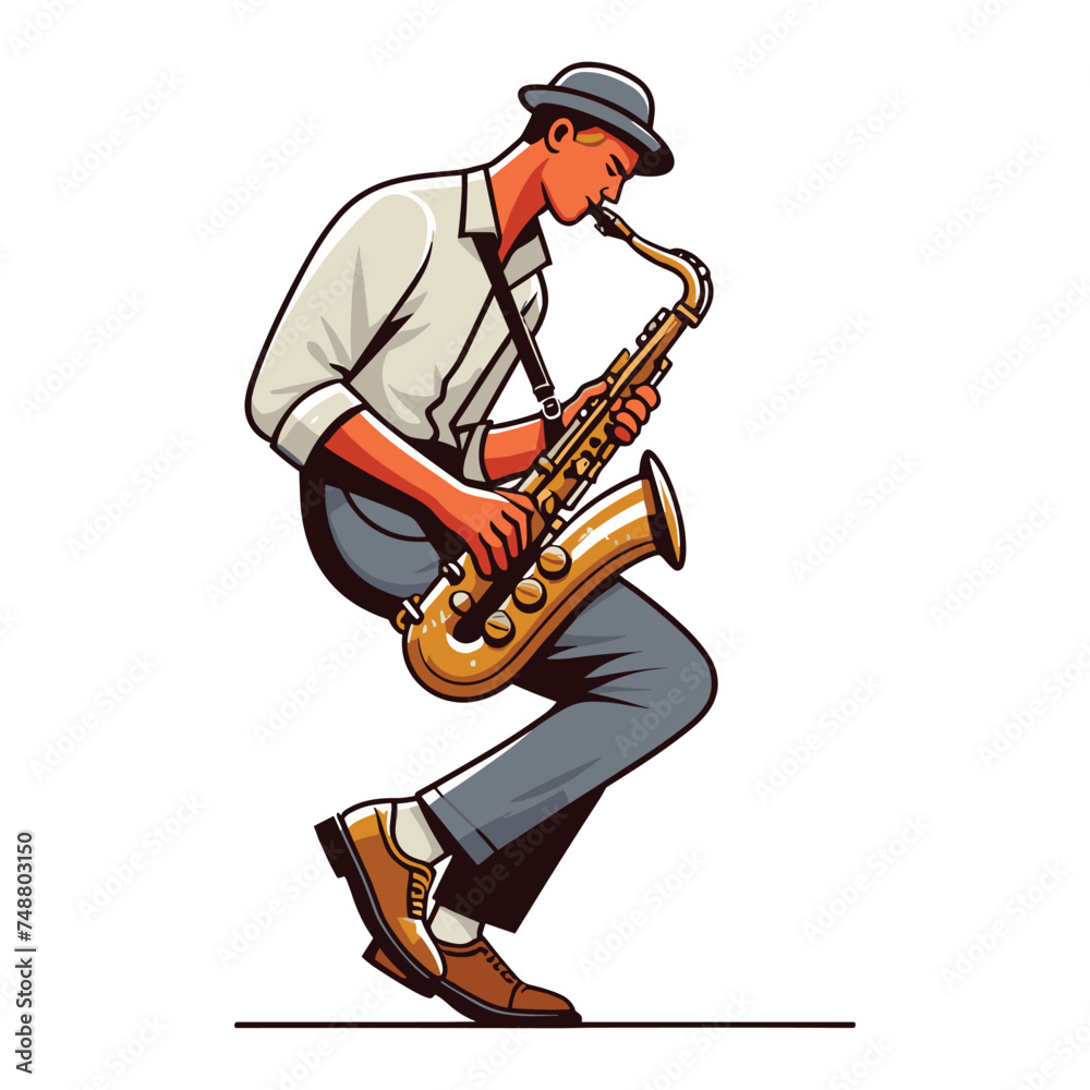 Naklejka premium Musician playing saxophone, music player performing solo, holding sax instrument in hands, man saxophonist, jazz and blues performance. Flat vector illustration isolated on white background