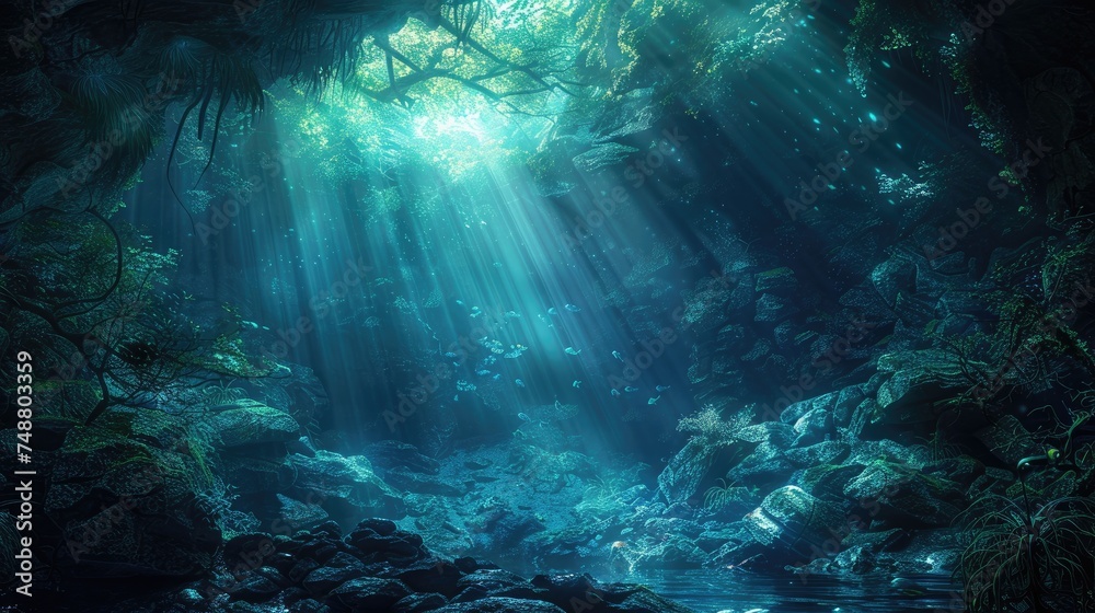 Fototapeta premium Unidentified submerged cave with beams of light. Generative Ai