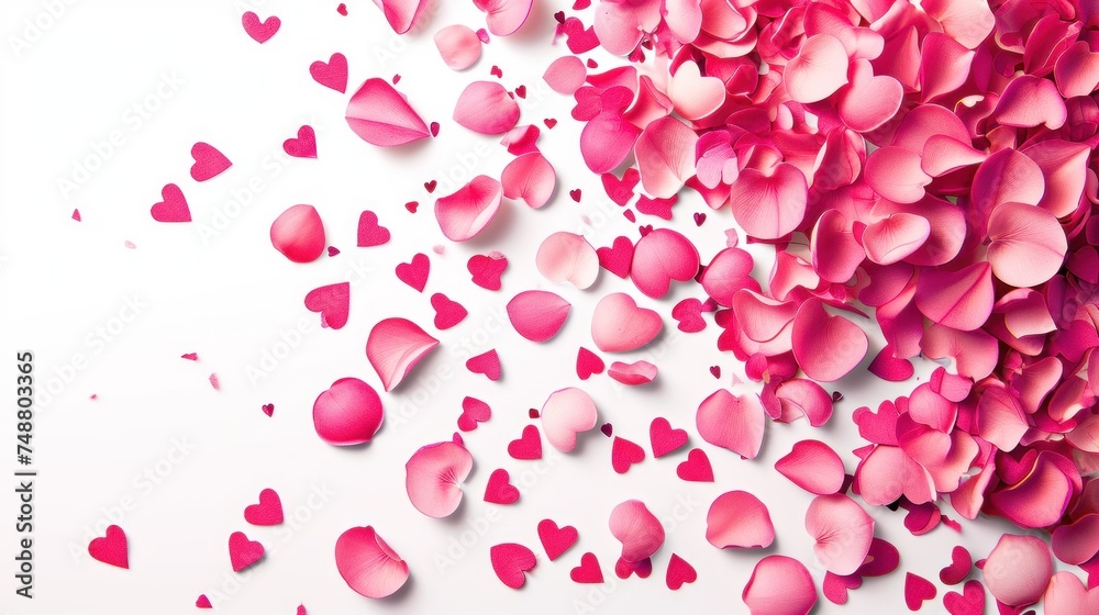 Pink rose petals white background. Romantic card background.