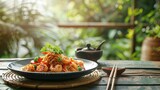Asian fusion cuisine featuring shrimp pasta served in a tranquil outdoor dining scene