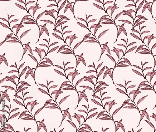Seamless pattern with vector hand drawn leaf stem on a light background. Abstract, artistic, leaves branches printing. Collage template for designs, textile, fabric