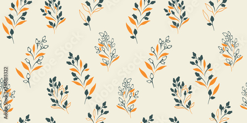 Minimalist seamless pattern with vector hand drawn sketch flat branches with tiny leaves, buds flowers. Vintage retro simple wild floral printing. Collage template for designs, fabric, textile