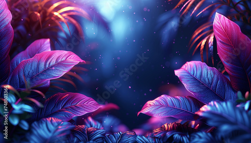 Creative fluorescent color layout made of tropical leaves. Flat lay neon colors. Nature concept. Palm leaves neon colors edge frame with copy space. Purple and pink