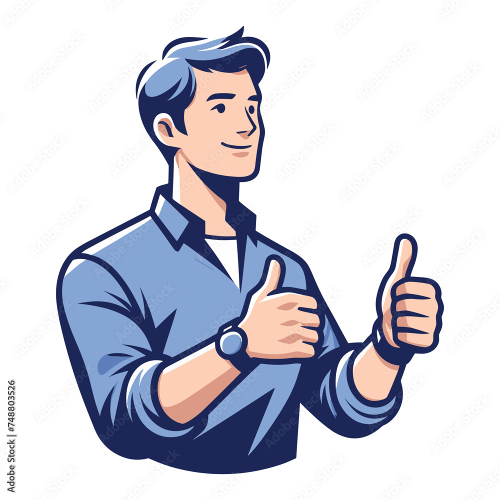 Man giving thumbs up vector illustration, happy guy showing OK gesture, approval sign, positive emotion, work done sign design template isolated on white background Man giving thumbs up vector illustration, happy guy showing OK gesture, approval sign, positive emotion, work done sign design template isolated on white background