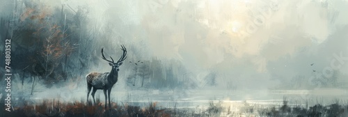 A magnificent deer is engulfed in the subdued hues. Generative Ai