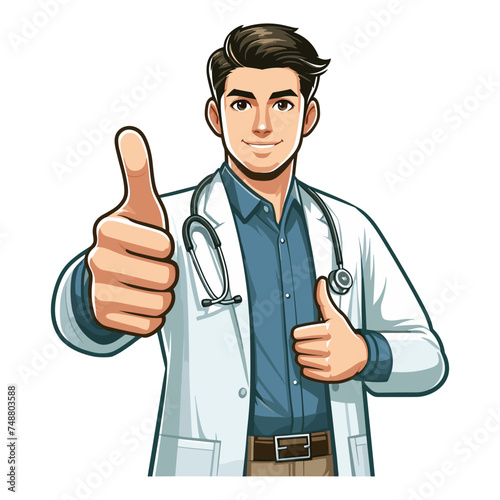 Man doctor giving thumbs up vector illustration, smiling male doctor showing OK gesture, approval sign, positive emotion, work done sign design template isolated on white background