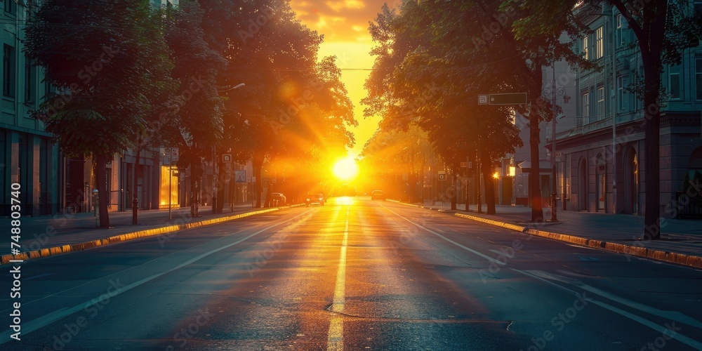 Urban sunrise on a deserted street ideal for themes. Generative Ai