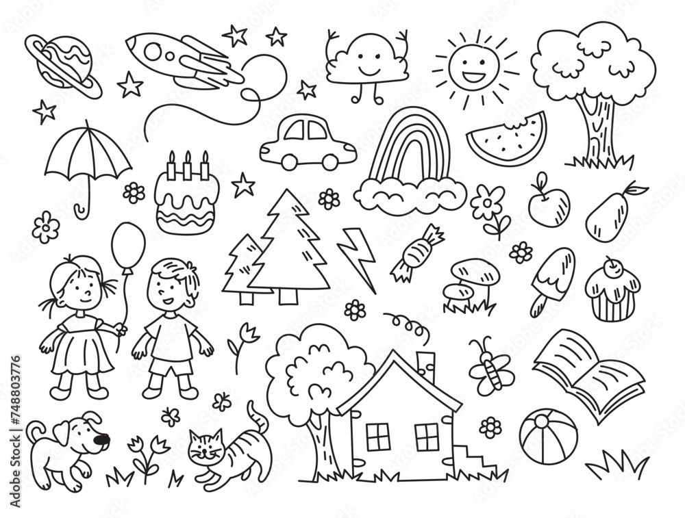 Set of kids doodle element. Outline sketch with kids and smiling sun, rainbow and cloud, planet and spaceship, sweets and fruits, cat and dog. flat vector collection isolated on white background