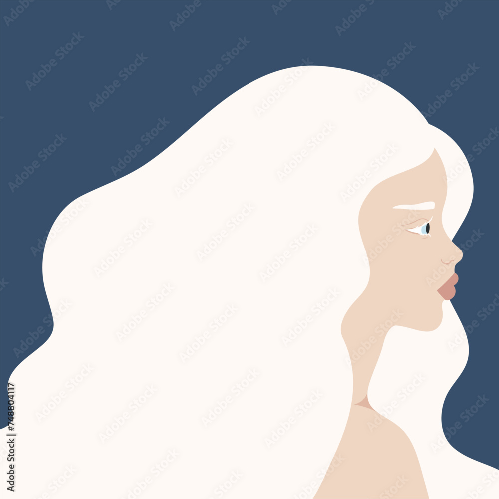 Beautiful Albino woman portrait.  Profile of a young female with albinism. Genetic rare appearance. Vector illustration