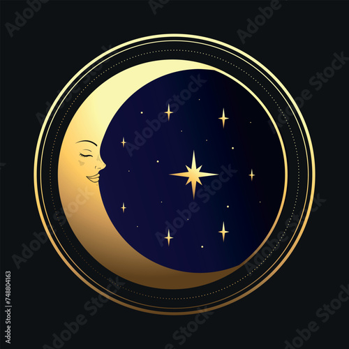 Celestial emblem with a golden crescent and stars. Vector illustration