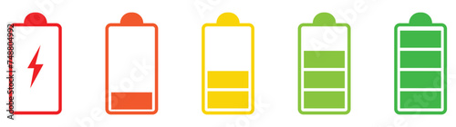 set of vertical flat battery level indicator in percentage. linear Battery indicator symbols. colorful Battery level from 0 to 100 percent isolated on white background.