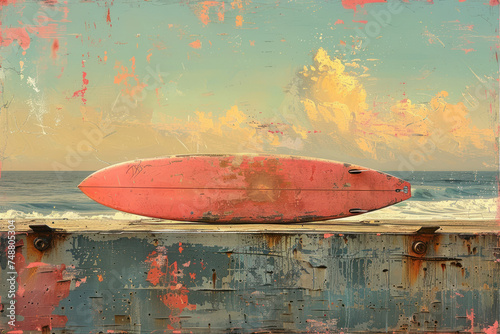 Retro surfboard on tropical beach abstract background. Vintage tone color style. Generative ai.