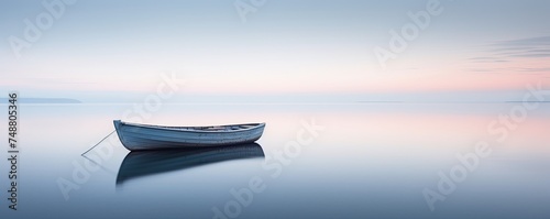 Solitary boat on great foggy lake, long exposure. photo