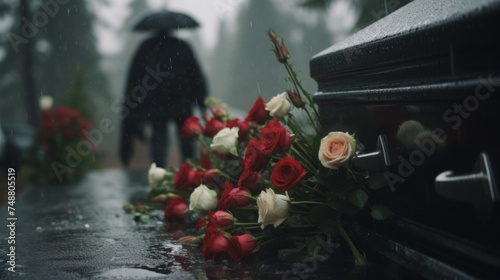 Funeral, coffin with flowers. Rainy day, commemoration, death, memories. 
