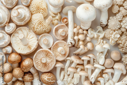 Overhead flat lay view of different varieties of mushroom and fungi photo