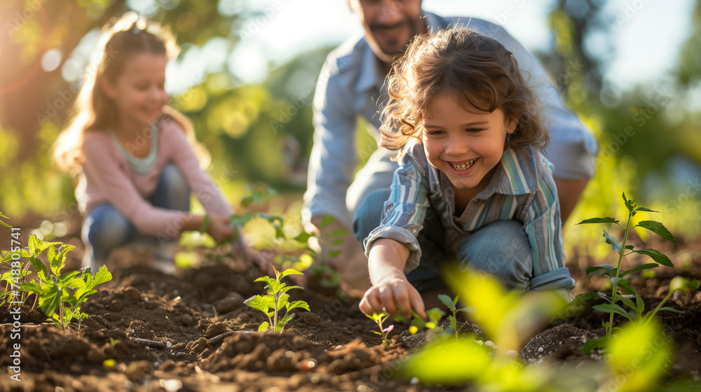 Mom and her child girl plant sapling tree. Spring concept, nature and care. Father wearing gray shirt and shorts and son in checkered shirt and pants planting tree under sun. hands holding young plant