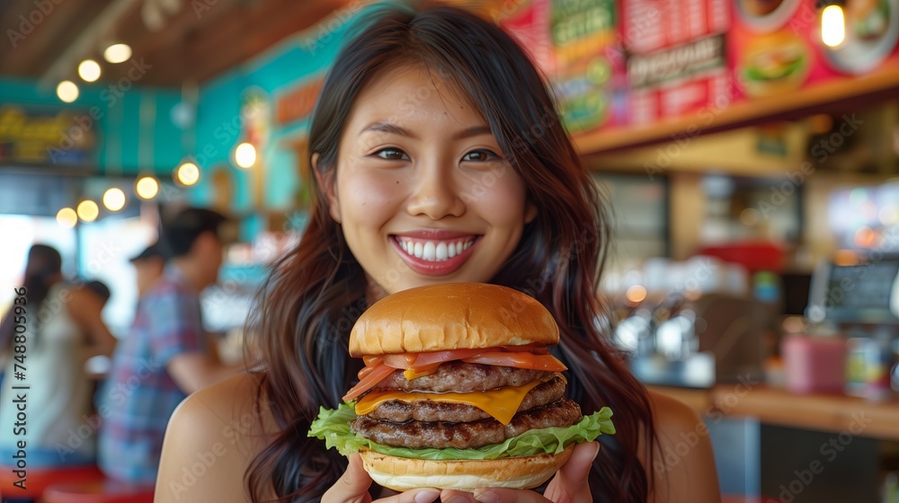 Asian woman holding big burger, Extra large hamburger Asian woman holding big burger, Extra large hamburger