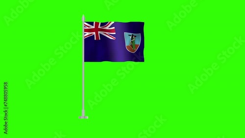 Flag of Montserrat, Pole flag of Montserrat on Green screen chroma key, Montserrat 3D Animation flag waving in the wind isolated on Green Background. 
 photo