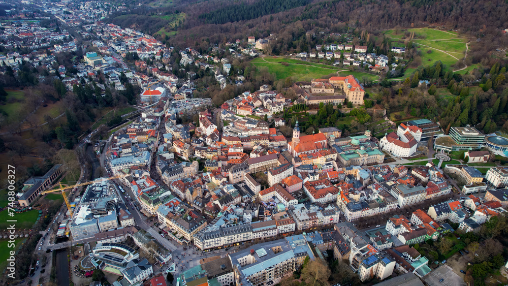 Aerial view around the city Baden-Baden in the winter on a sunny afternoon