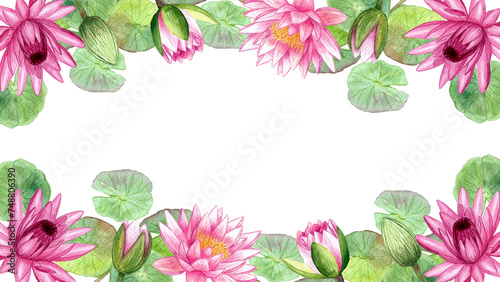 Fototapeta Naklejka Na Ścianę i Meble -  Frame pink water lilies isolated on white background. Watercolor hand drawing botanical illustration. Art for design