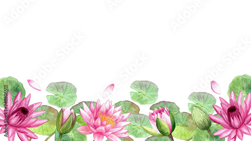 Fototapeta Naklejka Na Ścianę i Meble -  Border pink water lilies isolated on white background. Watercolor hand drawing botanical illustration. Art for design.