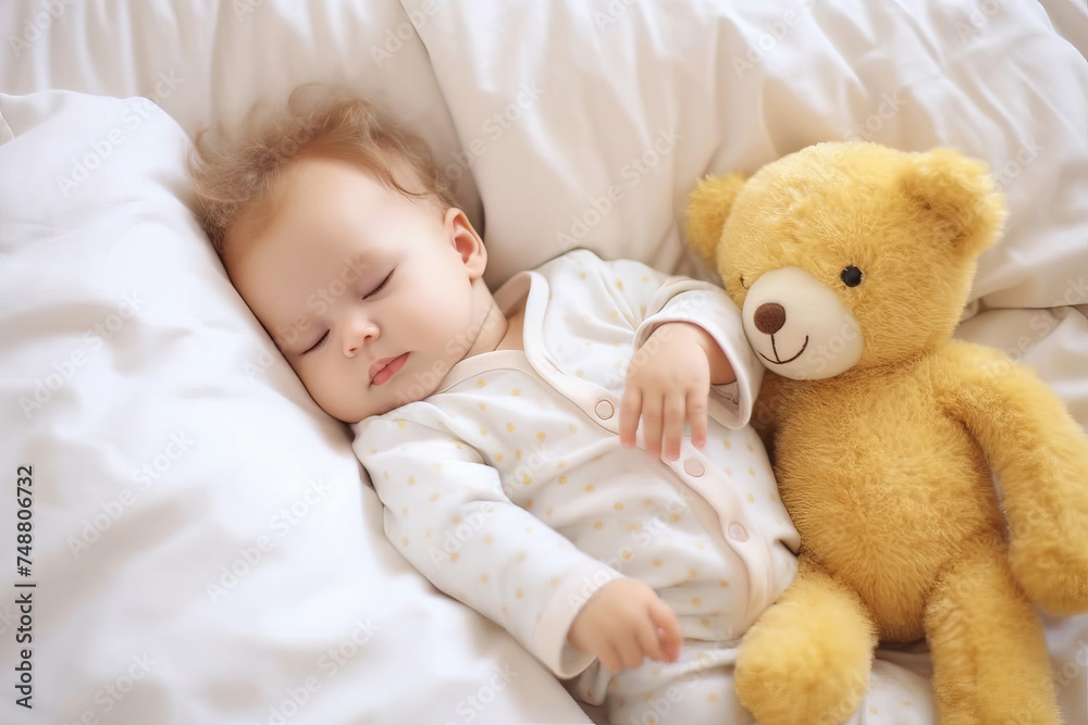 A cute newborn baby sleeping on bed with a teddy bear A cute newborn baby sleeping on bed with a teddy bear