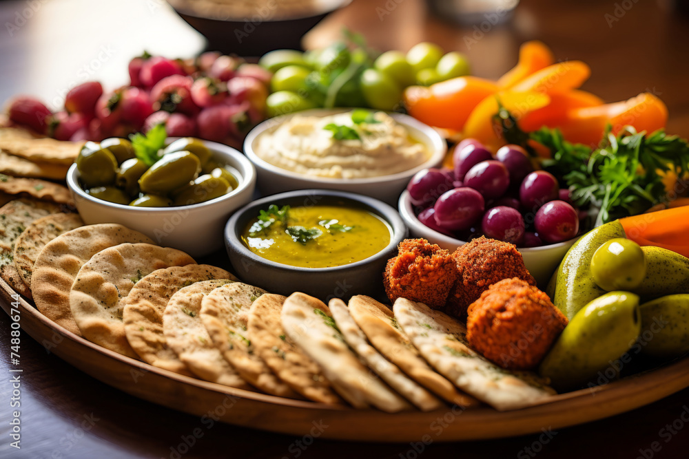 A Mediterranean-inspired mezze platter filled with colorful olives, hummus, falafel, and pita bread. Shallow depth of field