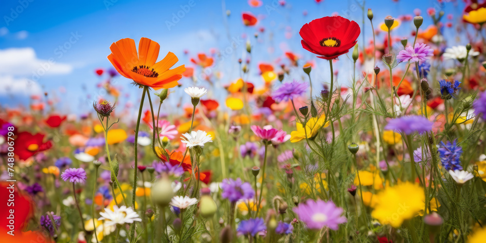 A vibrant blooming wildflowers in the field, as colorful background. Shallow depth of field A vibrant blooming wildflowers in the field, as colorful background. Shallow depth of field