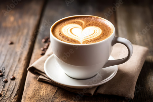 Close up of a cappuccino cup with latte art heart, on a wooden table. Shallow depth of field