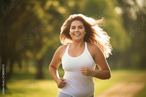 An Overweight young woman jogging in the park. Weight loss concept. Shallow depth of field