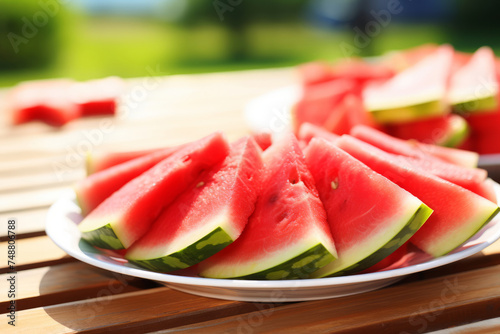 Close up of a ripe sliced watermelon on a wooden table outdoors. Shallow depth of field