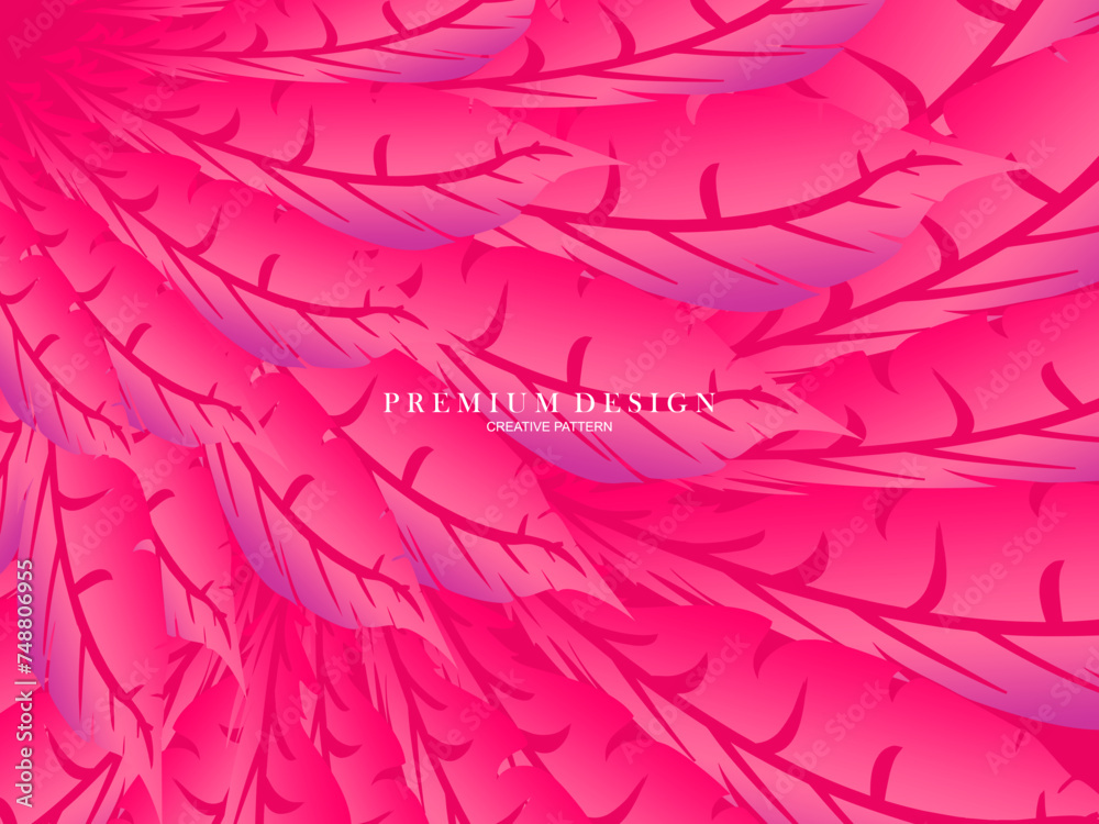 Pink feather premium background. Abstract dynamic composition. Modern vector feather illustration.