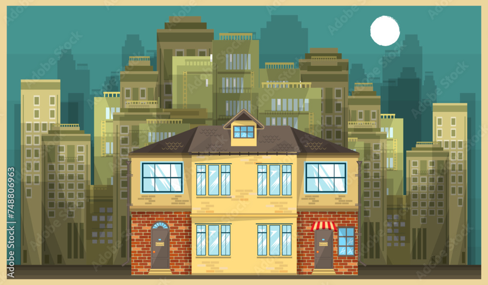 Cozy two-story cottage against the backdrop of urban skyscrapers. Vector illustration