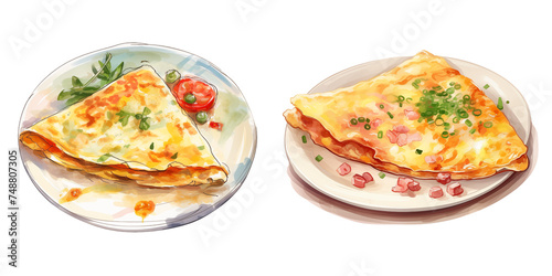 set of two Omelette breakfast dish watercolor illustration on transparent background, tasty eggs dish 