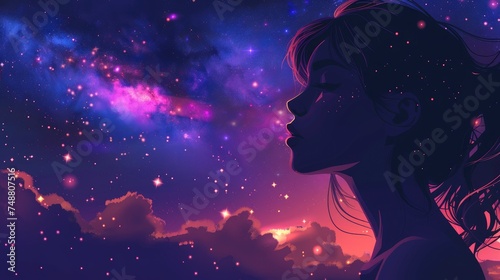 A woman's profile in cosmic silhouette against a star. Generative Ai