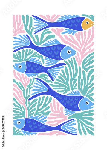Underwater world, ocean, sea, fish and shells vertical flyer or poster template. Modern trendy Matisse minimal style. 