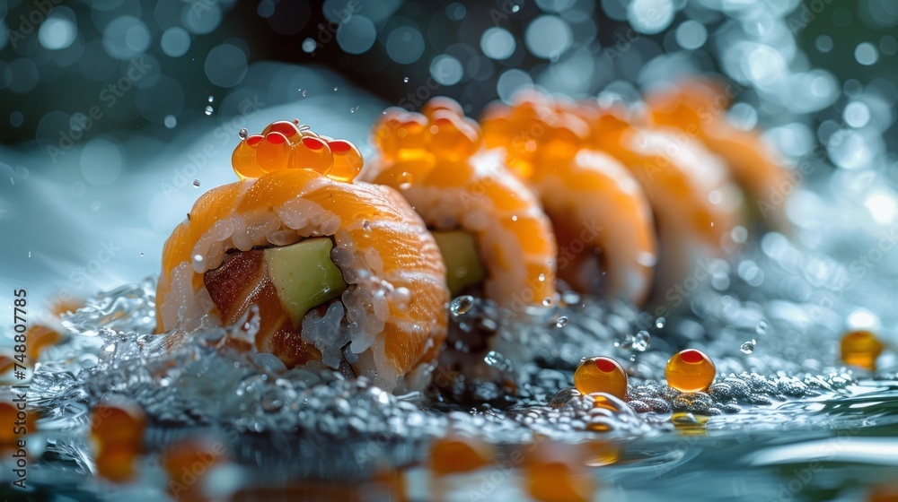 falling sushi, diving into clear blue water, background light with decorations, falling sushi, diving into clear blue water, background light with decorations,