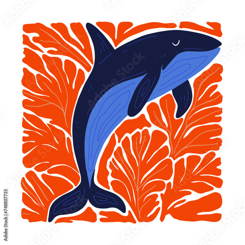 Underwater world, ocean, sea, fish and shells vertical flyer or poster template. Modern trendy Matisse minimal style. 