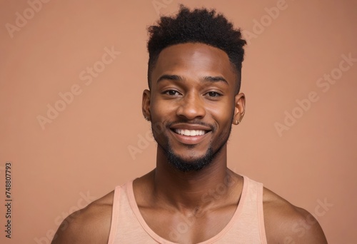 A smiling man in a peach tank top radiates positivity. His friendly demeanor and casual attire suggest a carefree, comfortable lifestyle.