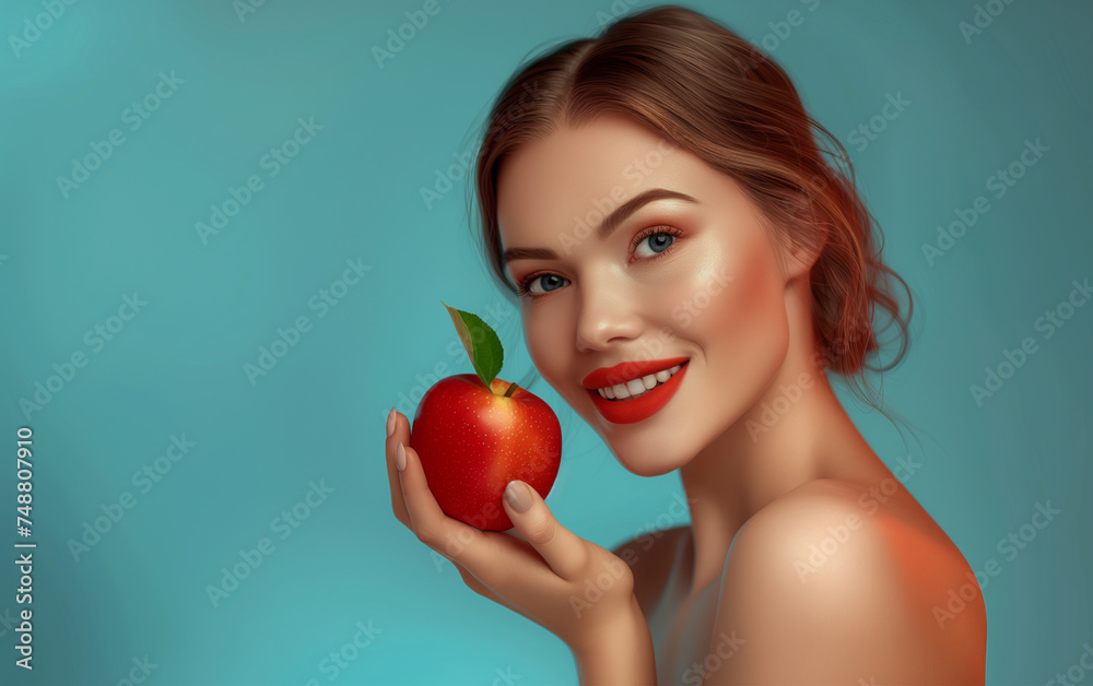 Woman with an apple , blue background, healthy eating concept Woman with an apple , blue background, healthy eating concept